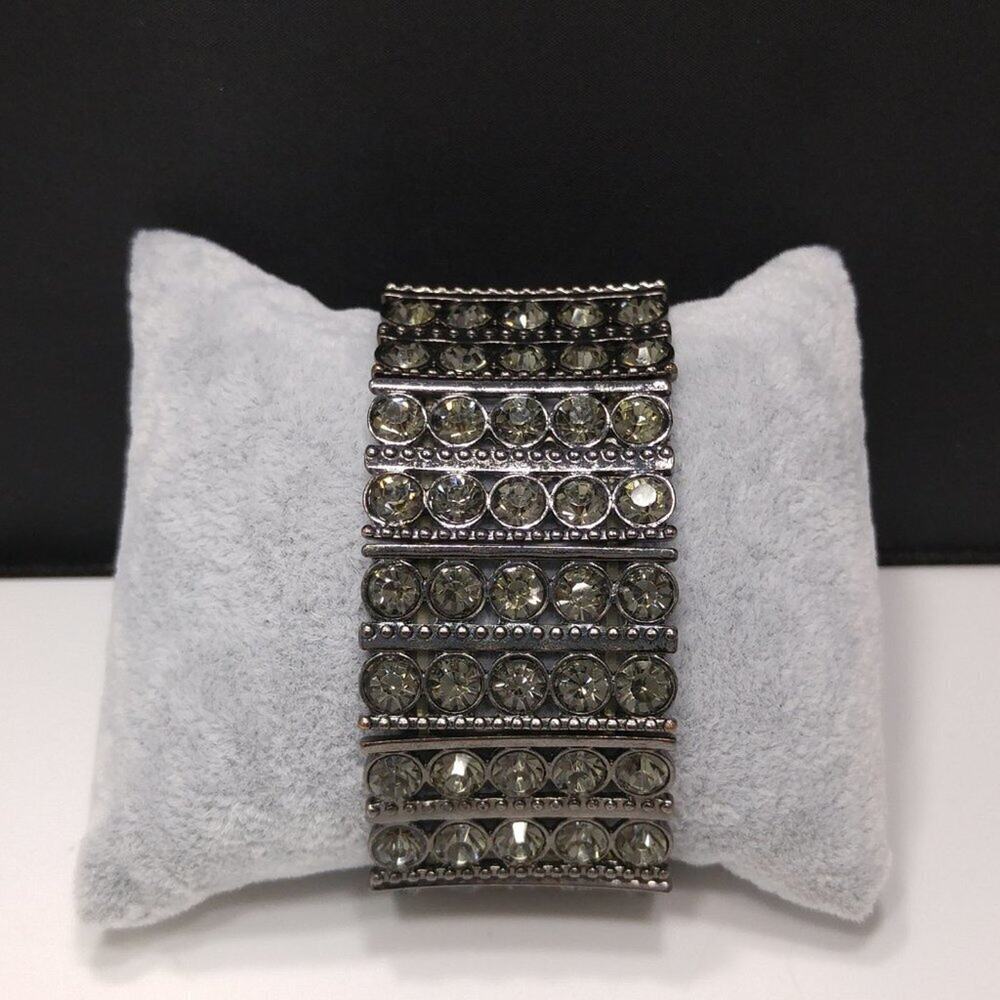 Wide Gunmetal Gray & Gray Rhinestones Stretch Bracelet, 7 1/2 Inches